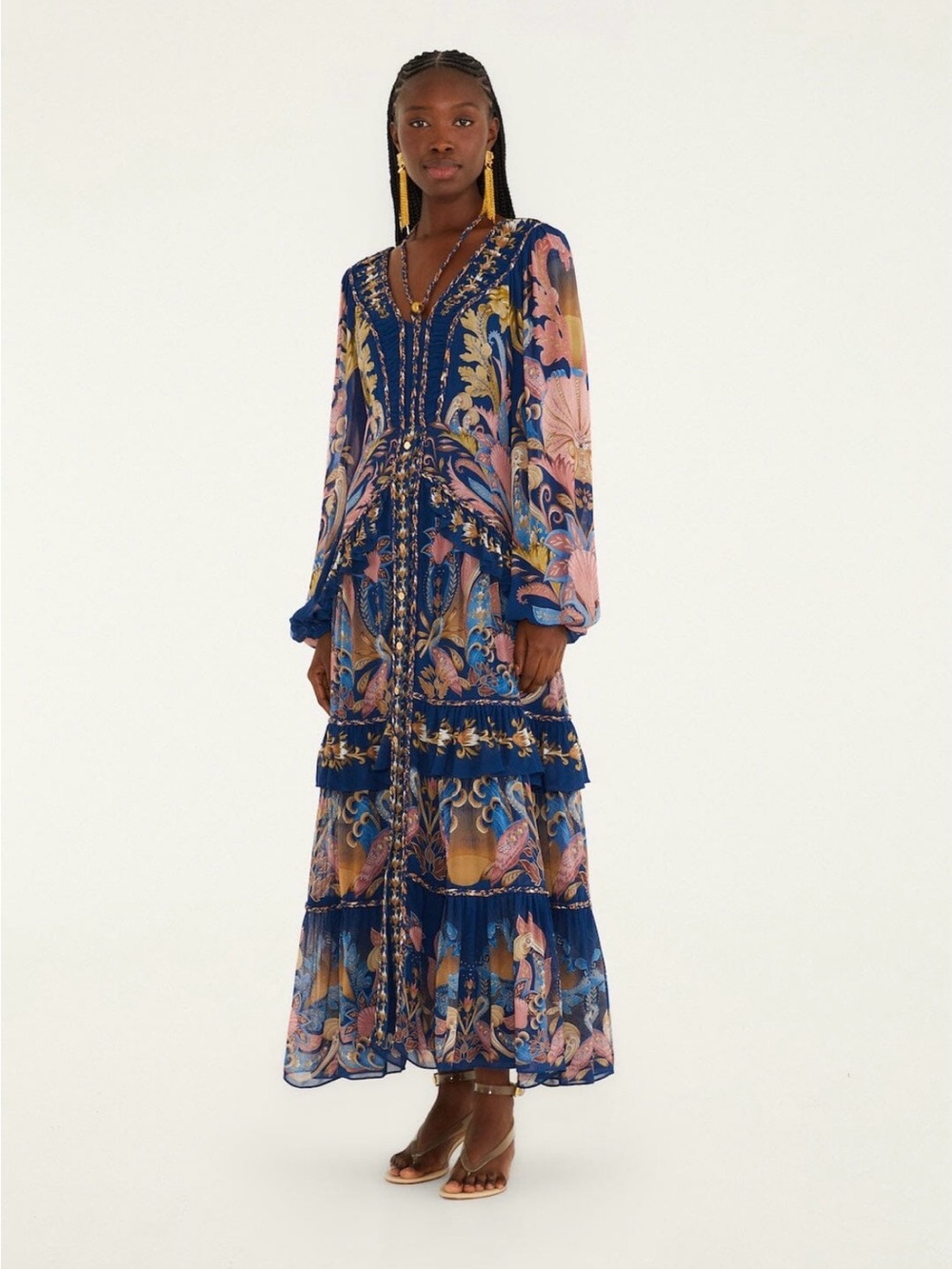 FARM Rio Sea Garden Navy Blue Braid Details Maxi Dress